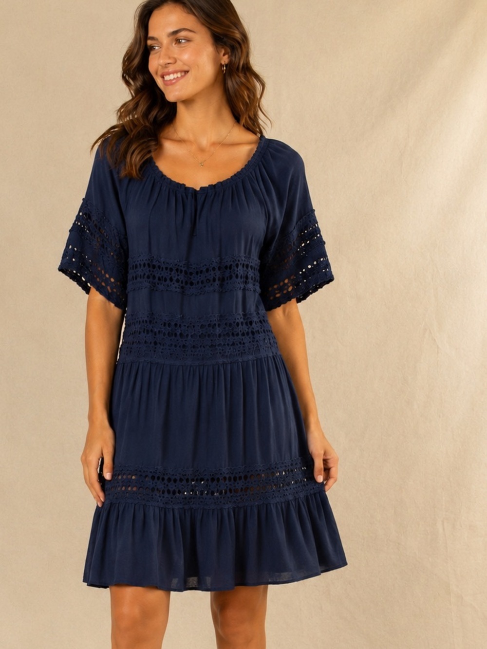 Solitaire navy blue midi dress with crochet lace accents